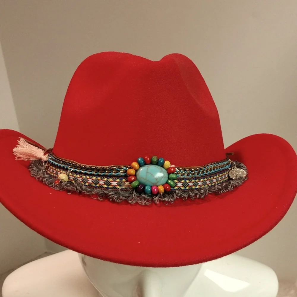 RESERVED Southern Red Cowboy Hat Turquoise Tassels Pendants Fringe Accent Boho - Picture 6 of 17